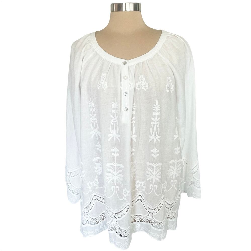 Krazy Kat White Boho Popover TunicSize XL Embroidered Lace Cutout Sequins Cotton